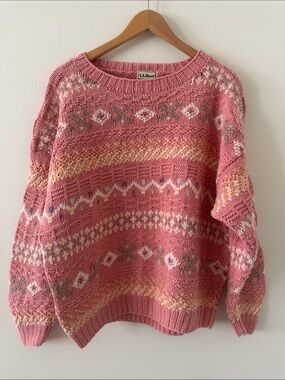 L.L.Bean Vintage Fair Isle Knit Sweater – Pink Cozy Cottagecore Pullover Size XL